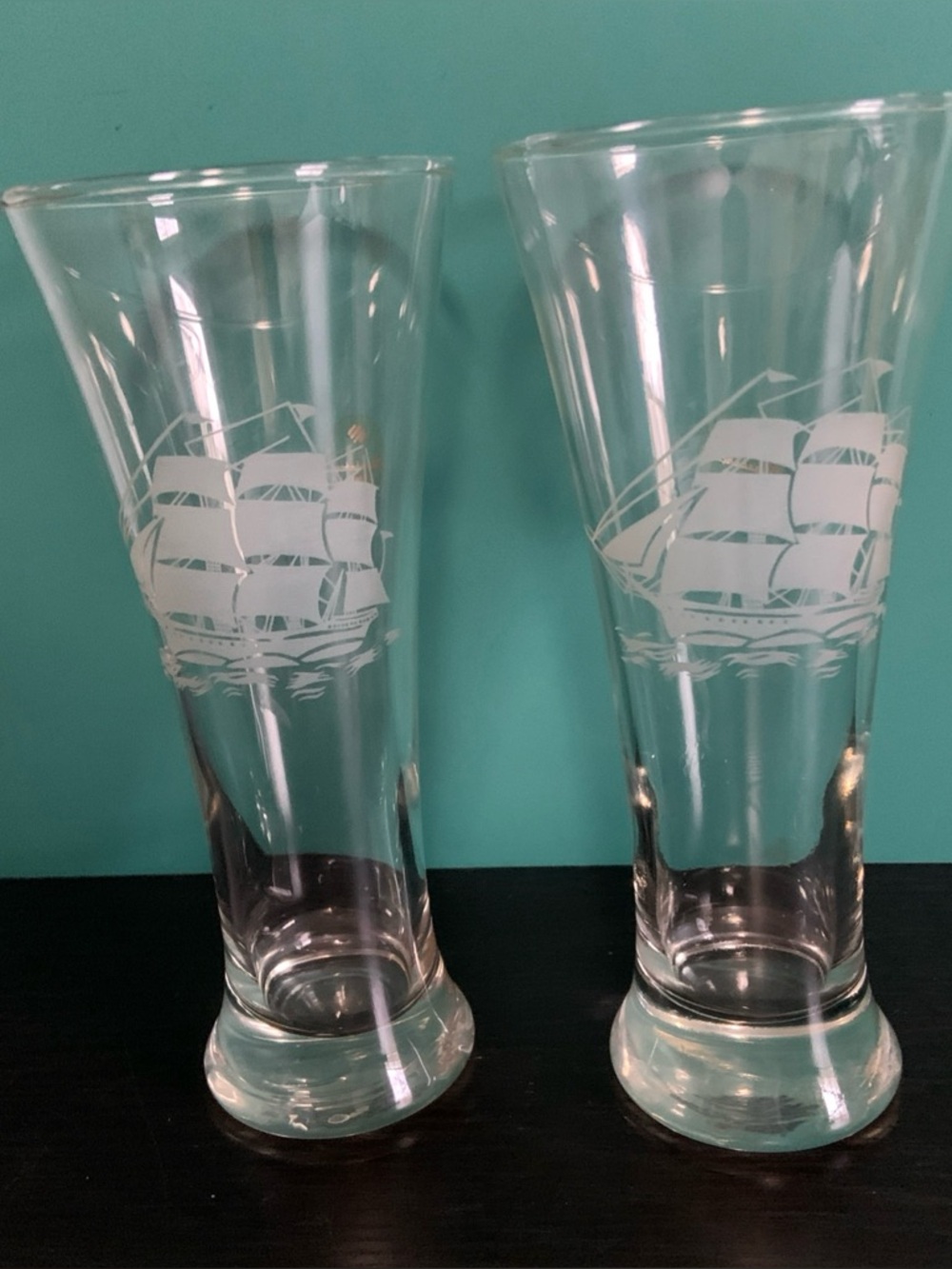 Pilsner Glasses with Tall Ship Etching